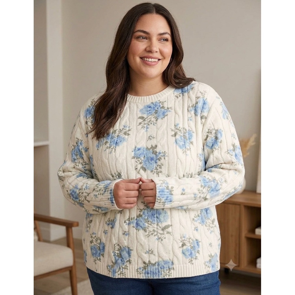 Aeropostale Blue Floral Cable Knit Sweater XXL Cream Rose Print Pullover